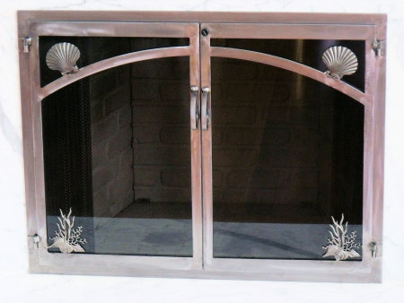 Pollock Rip fireplace doors all light natural iron, twin doors with standard forged handles and  smoke glass. Comes with slide mesh
